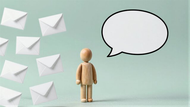 Wooden figure stands before envelopes, speech bubble above head.