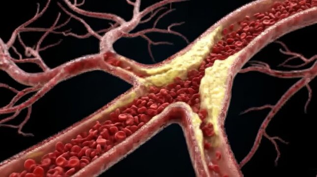 Blood cells flowing through a clogged artery