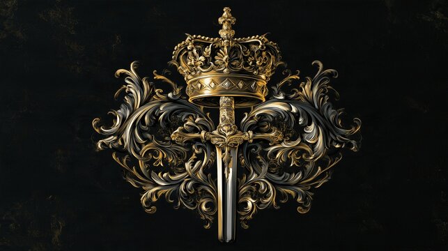 A luxurious, vintage-style emblem design combining a crown and a sword (Neo-Vintage, Coat of Arms, Black Background)