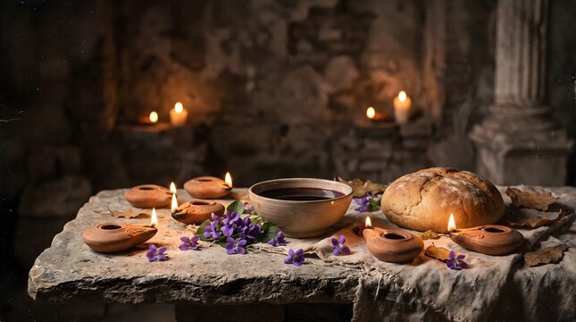 Ancient Roman festival ritual offerings with oil lamps, wine, and violets on a stone altar