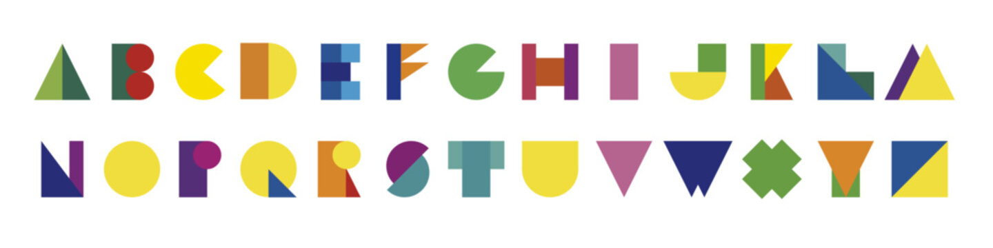 Colorful geometric font. English alphabet letters. Typography set with letters made from circles, rectangles, and triangles.