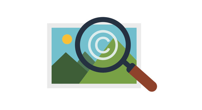 Copyright Protection and Intellectual Property Concept Illustration - Magnifying Glass over a Landscape Photo with Copyright Symbol on White Background