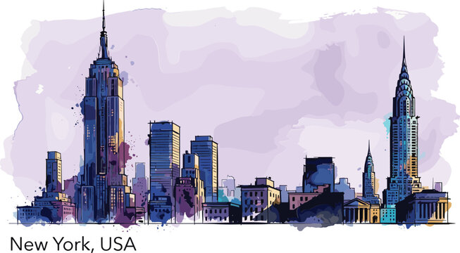 Beautiful watercolor New York skyline vector illustration featuring Empire State Building and Chrysler Building landmarks