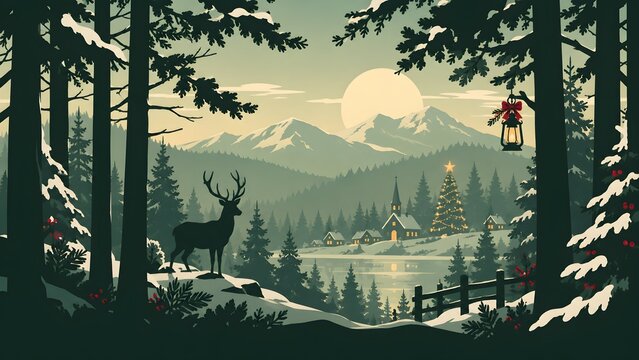 Christmas winter village landscape with snowy forest and decorated tree