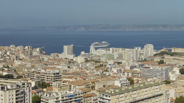 Panoramic aerial view of Marseille, France, showing the urban landscape and the Mediterranean Sea