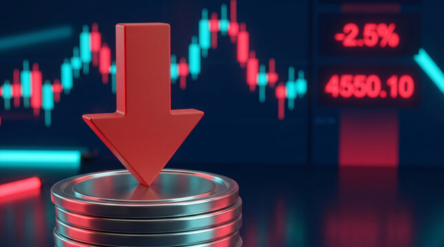 Coins stacked decrease red arrow financial chart market loss. Finance investment recession crisis. money budget saving expense, value reduction down decayed, risk loss
