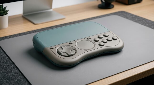 Minimalist ergonomic adaptive controller with tactile buttons on a sleek desk mat in a professional workspace premium product mockup