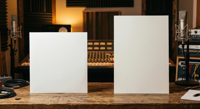 Blank white vinyl jacket and poster mockup in a professional vintage recording studio