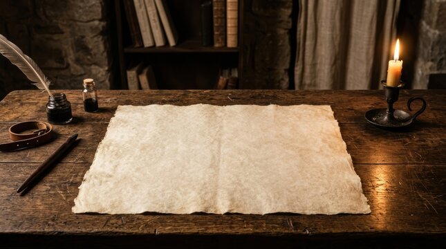 Blank Medieval Parchment Paper Mockup on Oak Table in Dim Scriptorium