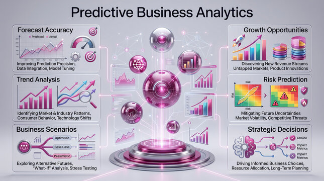 Futuristic purple 3D business intelligence model showing predictive data analytics components.
