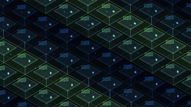 Abstract digital background with isometric grid of glowing cubes and data nodes, futuristic technology concept, network connection visualization, dark blue and green color scheme