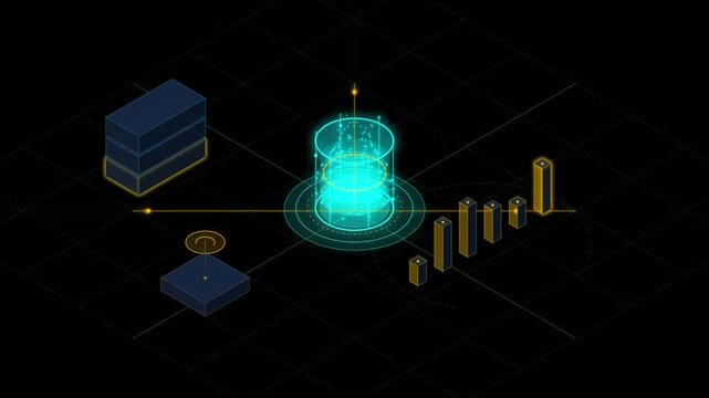 Abstract digital data visualization concept with a central glowing cylinder, server racks, and a bar chart representing information processing, analytics, and big data technology in isometric style