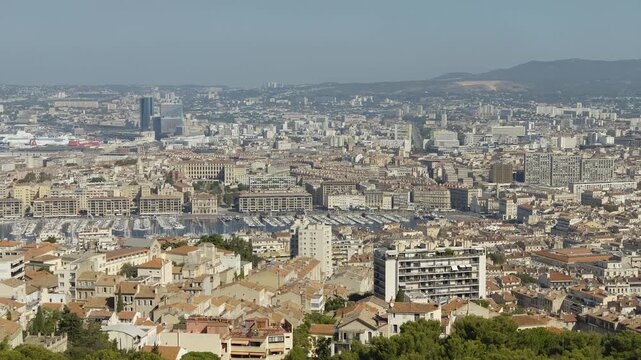 High angle view of Marseille city, showing the Old Port and the surrounding urban landscape