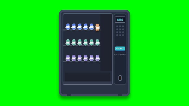 A highly precise, mechanical 2.5D vending machine animation showing a product being selected and the spiral motor turning. The product advances realistically on a front-facing coil and going drops