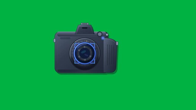 Modern volumetric 2.5D DSLR camera animation on green screen showing lens extension, mechanical aperture opening, focusing, shutter capture and photo generation.