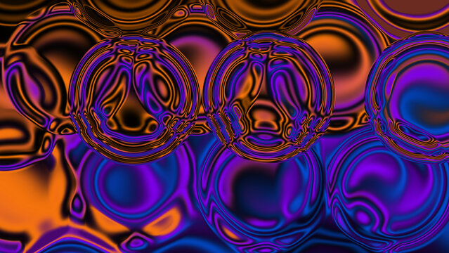 Abstract 3D Liquid Metal Spheres with Vibrant Purple and Orange Cosmic Glow Reflection Background