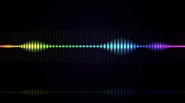Rainbow audio waveform visualization on black background. Colorful digital sound frequency bars with neon glow. Vibrant music equalizer spectrum for podcast and radio broadcasting. High Quality