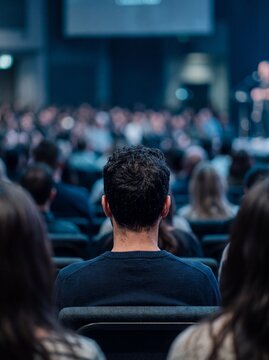 Back view of a man attending a crowded conference or seminar, focused on speaker in an auditorium