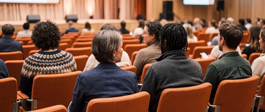 Close-up of diverse group of people seated in rows of orange chairs attending a conference or seminar