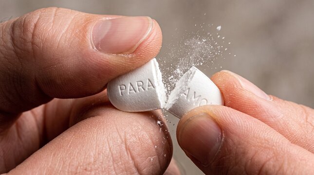 A close-up shot of hands breaking a white paracetamol pill, with powder scattering in the air, highlighting medication and dosage.