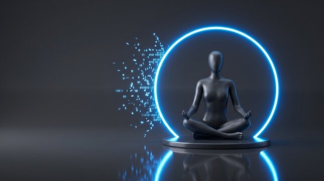 A serene human silhouette meditating inside a glowing blue neon circle with digital binary code data particles floating in a dark tech background.