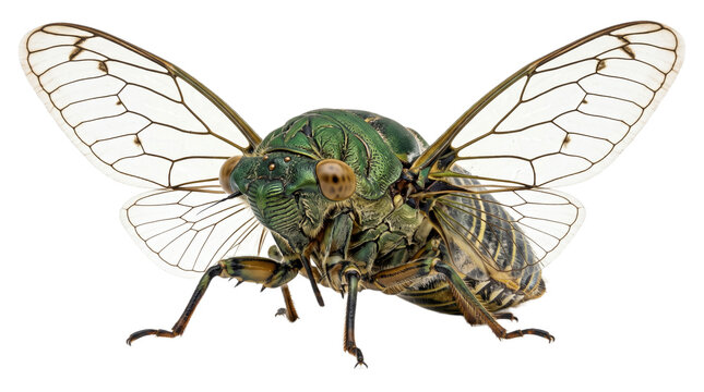 A vibrant green cicada displays intricate wing veins while resting on a surface during the summer months to produce a loud buzzing sound which characterizes the humid afternoons in tropical