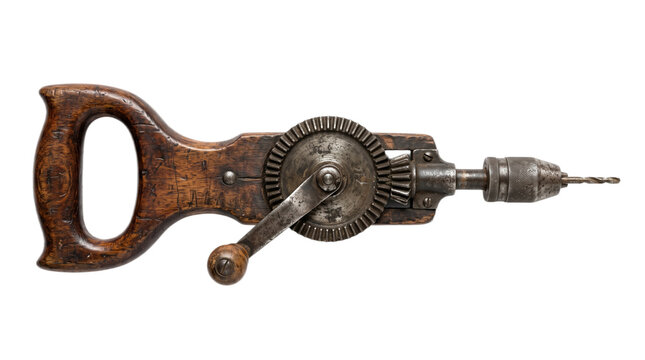 A weathered antique hand drill with a dark wooden handle and rustic metallic gears remains functional for manual woodworking tasks while resting horizontally to showcase historical mechanical