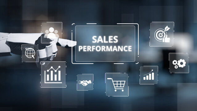 A robotic hand interacts with digital sales performance icons and metrics, symbolizing the integration of technology in business analytics and decision-making processes for enhanced growth. Salient