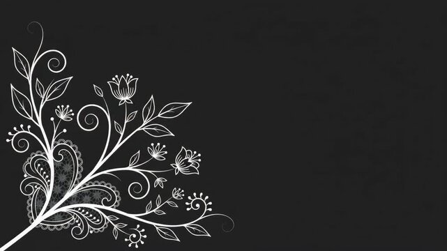 Gothic lace corner ornament growing animation on black background