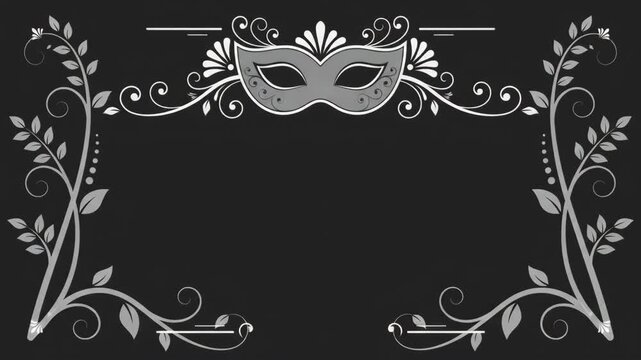 Vector masquerade invitation frame with floral ornament and mask on dark background