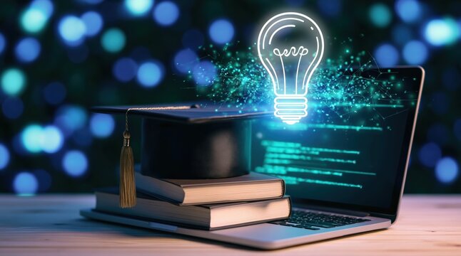 Graduation cap on stacked books beside a laptop with a glowing light bulb icon and digital code on screen, concept of online learning, education, and idea generation.