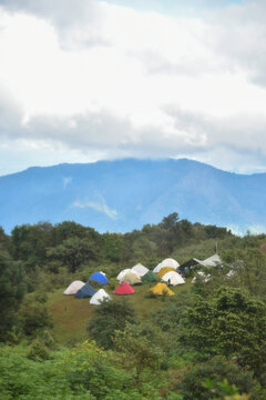 Camping on mountain nature landscape activity outdoor for destination leisure. Travel Concept