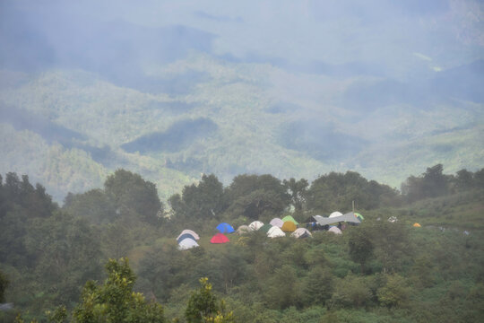 Camping on mountain nature landscape activity outdoor for destination leisure. Travel Concept