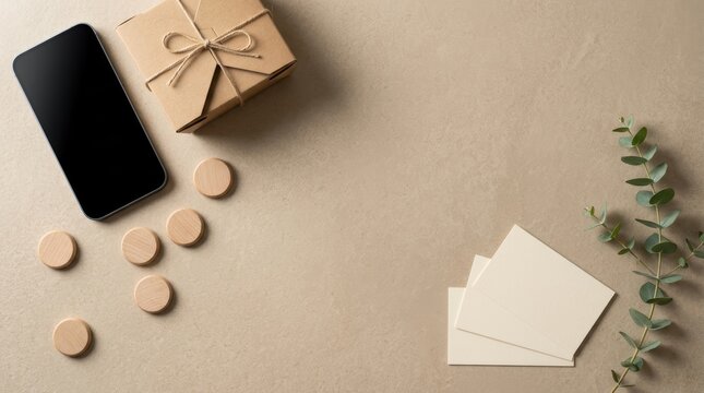 Minimalist flat lay of smartphone, delivery box, and loyalty tokens on textured surface for e-commerce and reward app concepts.