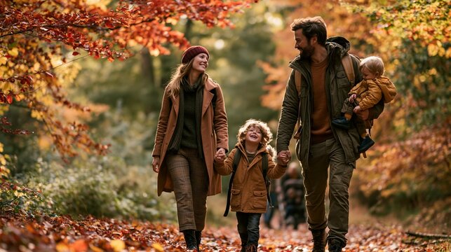 a forest during autumn. The family consists of a man, a woman, and two children. The man carries a baby in his arms. The woman wears a brown coat, a green sweater, and a red beanie.