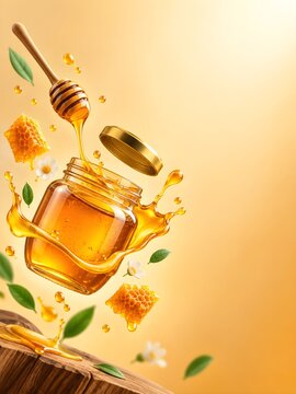  Honey Jar with Wooden Dipper, Honeycomb and Golden Splash on Rustic Wooden Surface