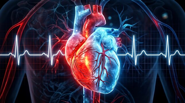 Human heart with heartbeat pulse line