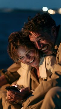 a man and a woman, captured in a moment of joy and connection. They are outdoors at night, illuminated by the soft glow of the setting sun, casting a warm glow on their faces. The man.