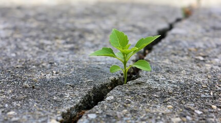 Obraz premium Small green plant growing through a crack in concrete pavement, concept of resilience and urban nature.