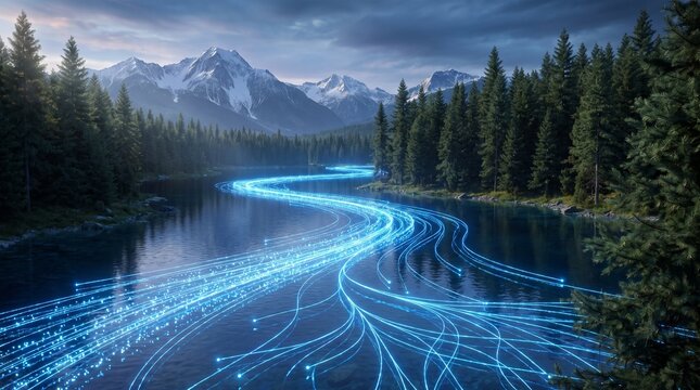 Glowing digital data stream flowing through a scenic mountain river landscape representing connectivity.