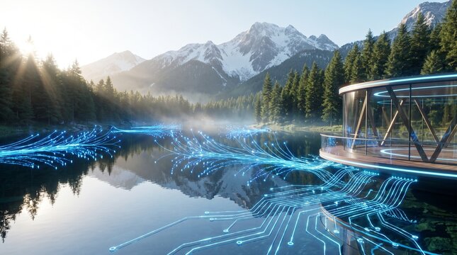 Futuristic glass architecture integrates digital energy streams within a serene mountain lake landscape.