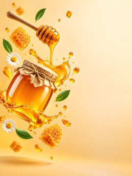 Floating Honey Jar with Wooden Dipper, Honeycomb, Daisy Flowers and Golden Splash