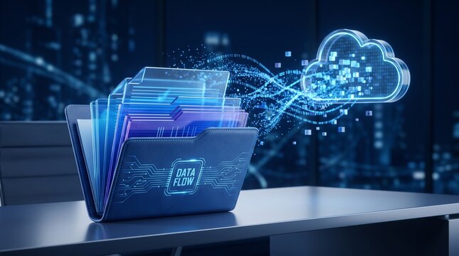 Digital document folder syncing data to a virtual cloud server for secure storage.