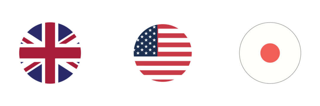 Set of round icon buttons featuring the flags of great britain united states of america japan flag icon uk flag
