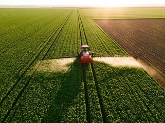 Obraz premium Aerial view of a crop sprayer applying pesticide across a green agricultural field with sunlight and dust spray.