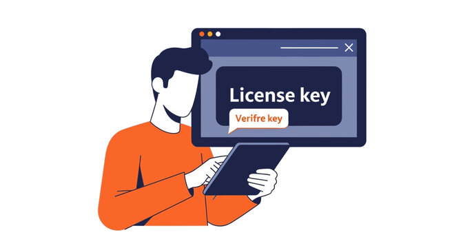 Software License Key Verification Concept: User Authenticating Digital Product Access on Tablet and Screen Flat Vector Illustration