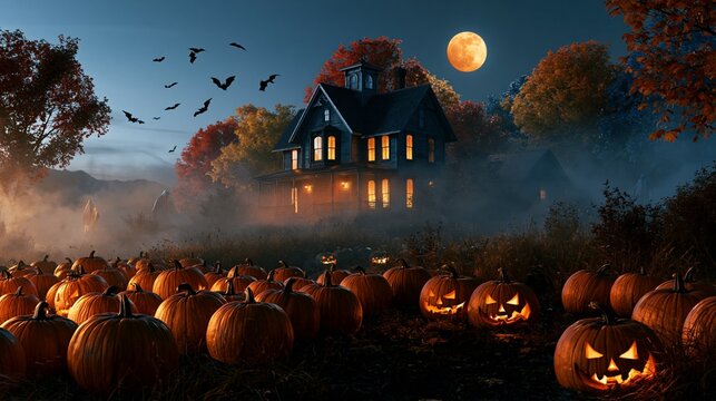 a haunting scene. A large, dark, Victorianstyle house with a steeply pitched roof and a clock tower is the central focus. The house is lit from within, casting a warm glow on the surrounding foliage.