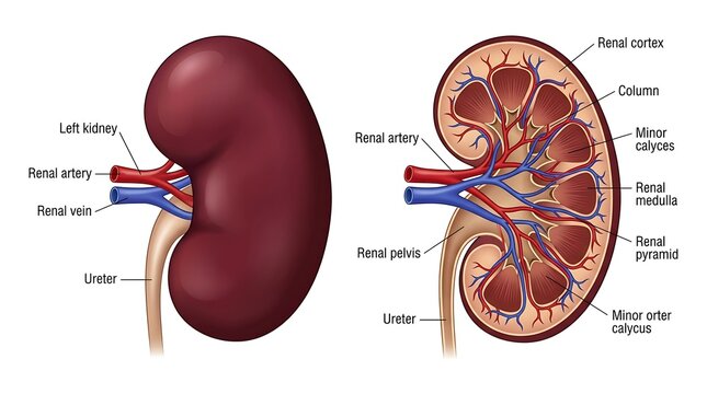 Anatomical diagram of human left kidney and internal structure