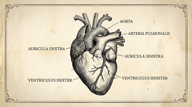 Anatomical diagram of a human heart with vintage labels