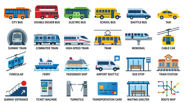 Public transportation flat vector icons for city transit and metro